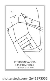 Hand drawn printable downtown road map poster of district PEDRO SALVADOR-LAS PALMERITAS of the Spanish city of SEVILLE on solid white background with city name