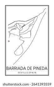 Hand drawn printable downtown road map poster of district BARRIADA DE PINEDA of the Spanish city of SEVILLE on solid white background with city name