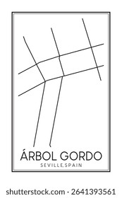 Hand drawn printable downtown road map poster of district ÁRBOL GORDO of the Spanish city of SEVILLE on solid white background with city name