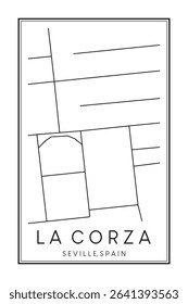 Hand drawn printable downtown road map poster of district LA CORZA of the Spanish city of SEVILLE on solid white background with city name
