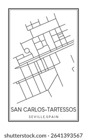 Hand drawn printable downtown road map poster of district SAN CARLOS-TARTESSOS of the Spanish city of SEVILLE on solid white background with city name
