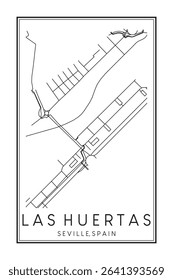 Hand drawn printable downtown road map poster of district LAS HUERTAS of the Spanish city of SEVILLE on solid white background with city name
