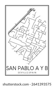 Hand drawn printable downtown road map poster of district SAN PABLO A Y B of the Spanish city of SEVILLE on solid white background with city name