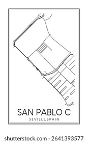 Hand drawn printable downtown road map poster of district SAN PABLO C of the Spanish city of SEVILLE on solid white background with city name
