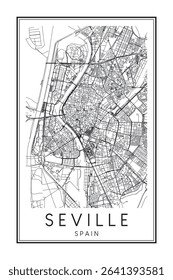 Hand drawn printable downtown road map poster of the Spanish city of SEVILLE on solid white background with city name