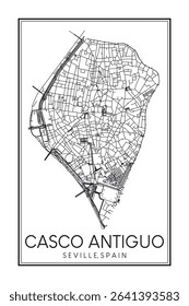 Hand drawn printable downtown road map poster of district CASCO ANTIGUO of the Spanish city of SEVILLE on solid white background with city name