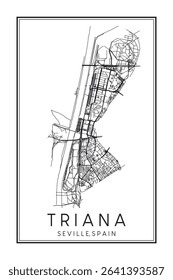 Hand drawn printable downtown road map poster of district TRIANA of the Spanish city of SEVILLE on solid white background with city name