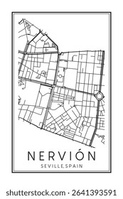 Hand drawn printable downtown road map poster of district NERVIÓN of the Spanish city of SEVILLE on solid white background with city name