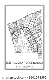 Hand drawn printable downtown road map poster of district ESTE-ALCOSA-TORREBLANCA of the Spanish city of SEVILLE on solid white background with city name