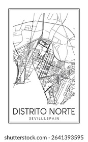 Hand drawn printable downtown road map poster of district DISTRITO NORTE of the Spanish city of SEVILLE on solid white background with city name