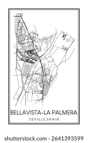 Hand drawn printable downtown road map poster of district BELLAVISTA-LA PALMERA of the Spanish city of SEVILLE on solid white background with city name