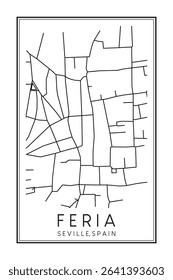 Hand drawn printable downtown road map poster of district FERIA of the Spanish city of SEVILLE on solid white background with city name