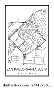 Hand drawn printable downtown road map poster of district SAN PABLO-SANTA JUSTA of the Spanish city of SEVILLE on solid white background with city name