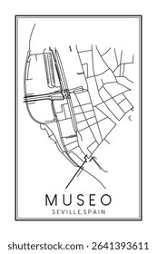 Hand drawn printable downtown road map poster of district MUSEO of the Spanish city of SEVILLE on solid white background with city name
