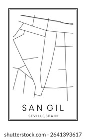 Hand drawn printable downtown road map poster of district SAN GIL of the Spanish city of SEVILLE on solid white background with city name