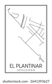Hand drawn printable downtown road map poster of district EL PLANTINAR of the Spanish city of SEVILLE on solid white background with city name
