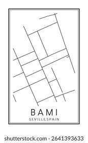 Hand drawn printable downtown road map poster of district BAMI of the Spanish city of SEVILLE on solid white background with city name