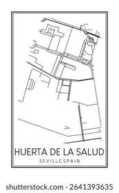 Hand drawn printable downtown road map poster of district HUERTA DE LA SALUD of the Spanish city of SEVILLE on solid white background with city name