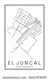 Hand drawn printable downtown road map poster of district EL JUNCAL of the Spanish city of SEVILLE on solid white background with city name