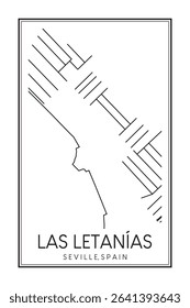 Hand drawn printable downtown road map poster of district LAS LETANÍAS of the Spanish city of SEVILLE on solid white background with city name