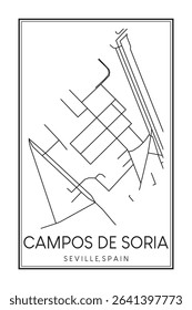 Hand drawn printable downtown road map poster of district CAMPOS DE SORIA of the Spanish city of SEVILLE on solid white background with city name