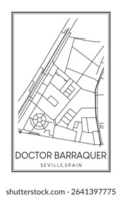 Hand drawn printable downtown road map poster of district DOCTOR BARRAQUER of the Spanish city of SEVILLE on solid white background with city name