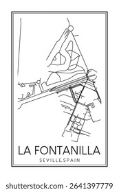 Hand drawn printable downtown road map poster of district LA FONTANILLA of the Spanish city of SEVILLE on solid white background with city name
