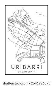 Hand drawn printable downtown road map poster of district URIBARRI of the Spanish city of BILBAO on solid white background with city name