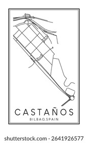 Hand drawn printable downtown road map poster of district CASTAÑOS of the Spanish city of BILBAO on solid white background with city name