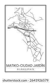 Hand drawn printable downtown road map poster of district MATIKO-CIUDAD JARDÍN of the Spanish city of BILBAO on solid white background with city name