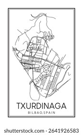 Hand drawn printable downtown road map poster of district TXURDINAGA of the Spanish city of BILBAO on solid white background with city name