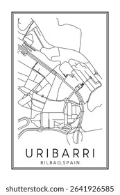 Hand drawn printable downtown road map poster of district URIBARRI of the Spanish city of BILBAO on solid white background with city name