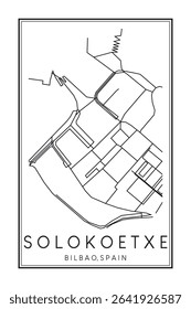 Hand drawn printable downtown road map poster of district SOLOKOETXE of the Spanish city of BILBAO on solid white background with city name