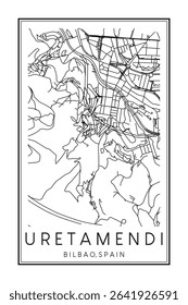 Hand drawn printable downtown road map poster of district URETAMENDI of the Spanish city of BILBAO on solid white background with city name
