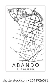 Hand drawn printable downtown road map poster of district ABANDO of the Spanish city of BILBAO on solid white background with city name