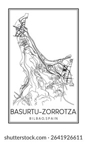 Hand drawn printable downtown road map poster of district BASURTU-ZORROTZA of the Spanish city of BILBAO on solid white background with city name