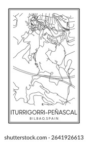 Hand drawn printable downtown road map poster of district ITURRIGORRI-PEÑASCAL of the Spanish city of BILBAO on solid white background with city name