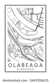 Hand drawn printable downtown road map poster of district OLABEAGA of the Spanish city of BILBAO on solid white background with city name