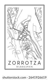 Hand drawn printable downtown road map poster of district ZORROTZA of the Spanish city of BILBAO on solid white background with city name