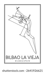Hand drawn printable downtown road map poster of district BILBAO LA VIEJA of the Spanish city of BILBAO on solid white background with city name