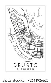 Hand drawn printable downtown road map poster of district DEUSTO of the Spanish city of BILBAO on solid white background with city name