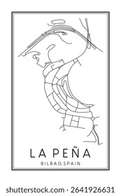 Hand drawn printable downtown road map poster of district LA PEÑA of the Spanish city of BILBAO on solid white background with city name