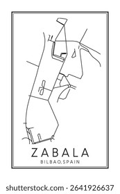 Hand drawn printable downtown road map poster of district ZABALA of the Spanish city of BILBAO on solid white background with city name