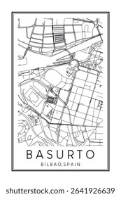 Hand drawn printable downtown road map poster of district BASURTO of the Spanish city of BILBAO on solid white background with city name