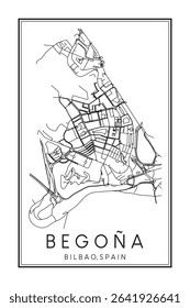 Hand drawn printable downtown road map poster of district BEGOÑA of the Spanish city of BILBAO on solid white background with city name