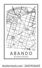 Hand drawn printable downtown road map poster of district ABANDO of the Spanish city of BILBAO on solid white background with city name