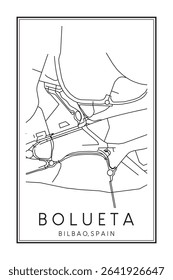 Hand drawn printable downtown road map poster of district BOLUETA of the Spanish city of BILBAO on solid white background with city name