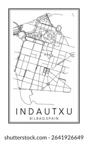Hand drawn printable downtown road map poster of district INDAUTXU of the Spanish city of BILBAO on solid white background with city name