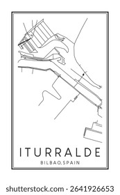 Hand drawn printable downtown road map poster of district ITURRALDE of the Spanish city of BILBAO on solid white background with city name
