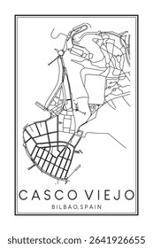 Hand drawn printable downtown road map poster of district CASCO VIEJO of the Spanish city of BILBAO on solid white background with city name